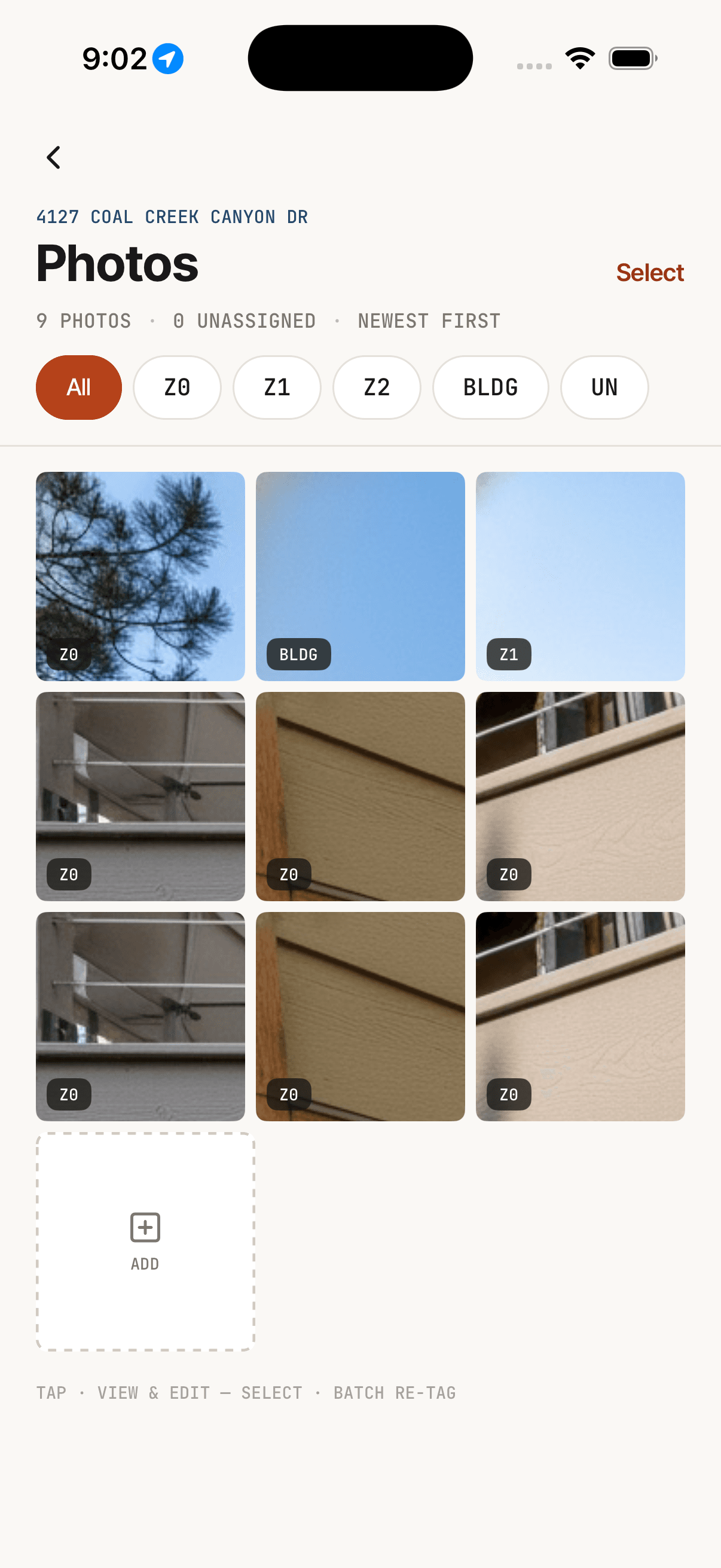 Emberly on iPhone — a zone-tagged photo gallery of a wildfire-mitigation job.