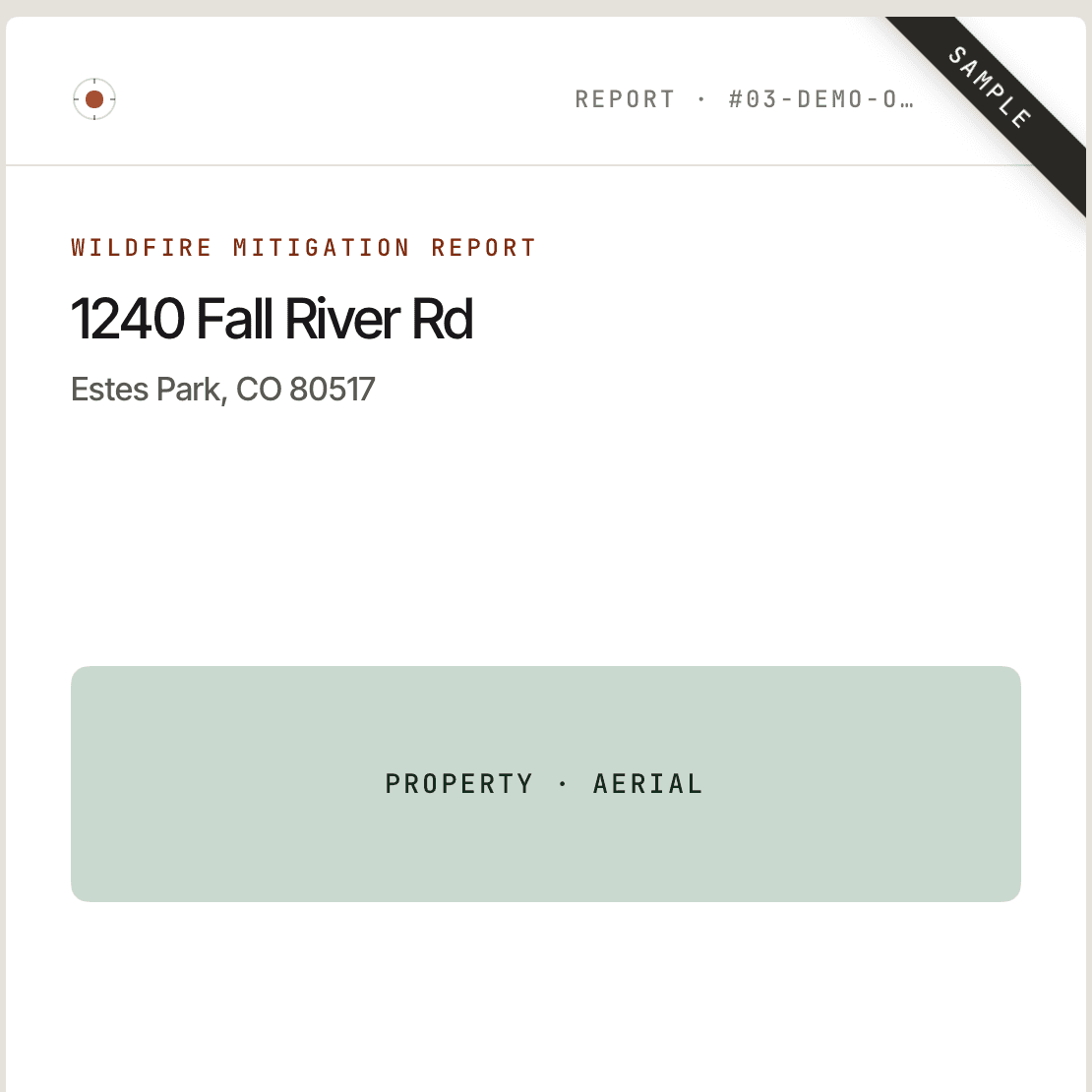 Emberly wildfire mitigation report cover for 1240 Fall River Rd, Estes Park — owner, dates, IBHS Plus standard, and contractor.